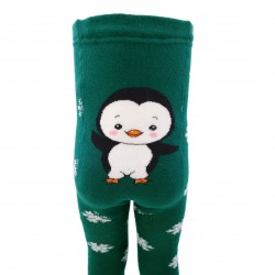 Warm plush tights for kids Dark green penguin