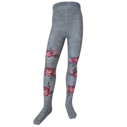 Warm 50% Merino wool tights for kids Grey roses
