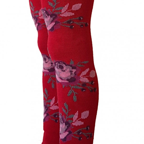 Warm 50% Merino wool tights for kids Red roses
