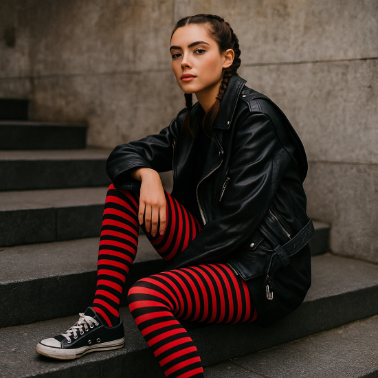 Patterned cotton tights for women Black red